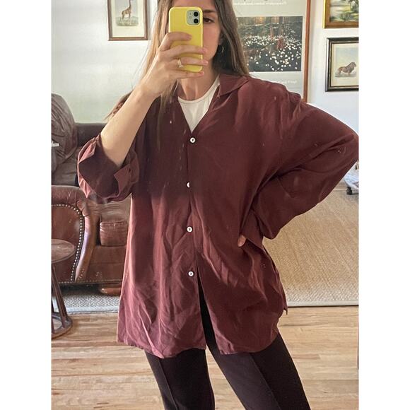 Vintage Brown Silk Button Down Blouse Size Large - Picture 1 of 6